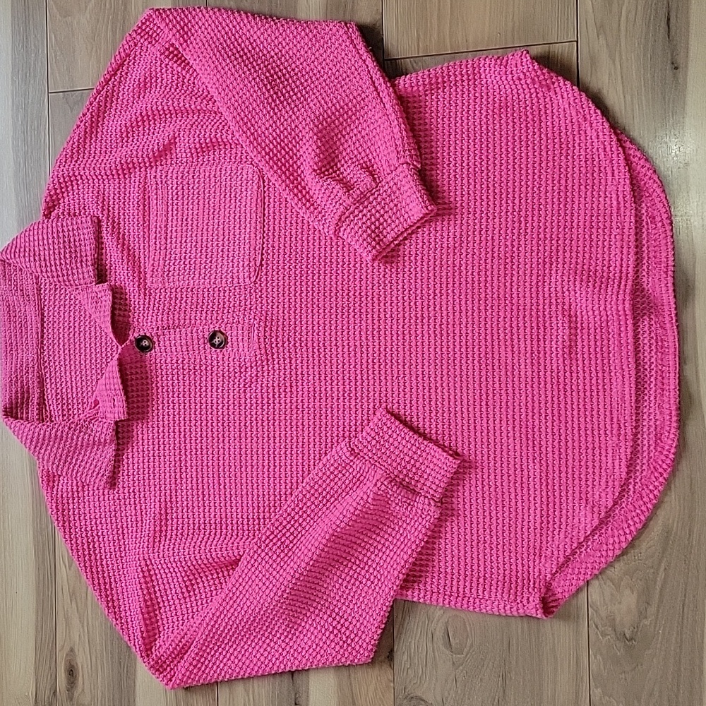 Womens Pink Long Sleeve Shirt Waffle Oversized Medium